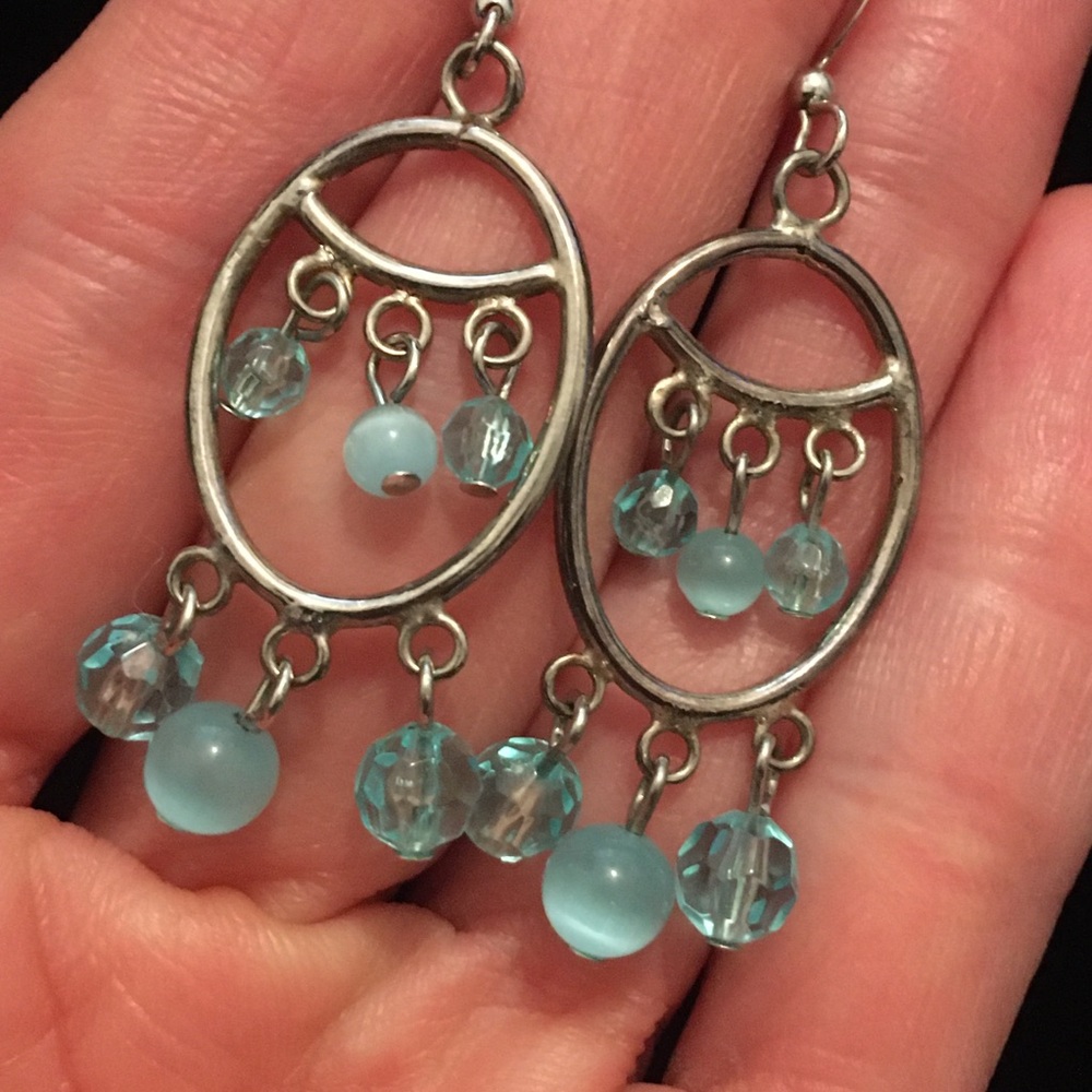 Vintage Silver and Blue Beaded Dangle Earrings